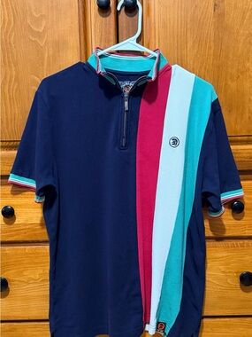 Trojan Records Navy Quarter-Zip Polo with Teal and Red Vertical Stripes